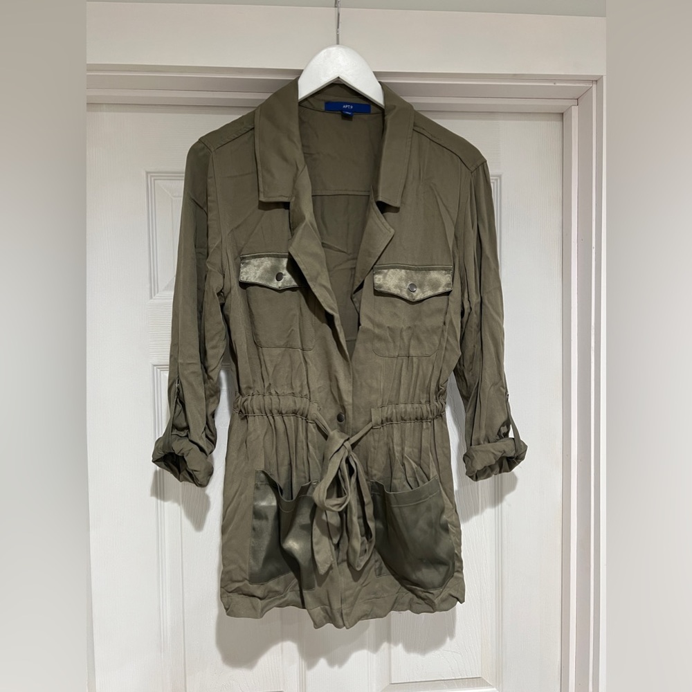 Apt 9. Army Green blouse - satin details and waist tie - size M